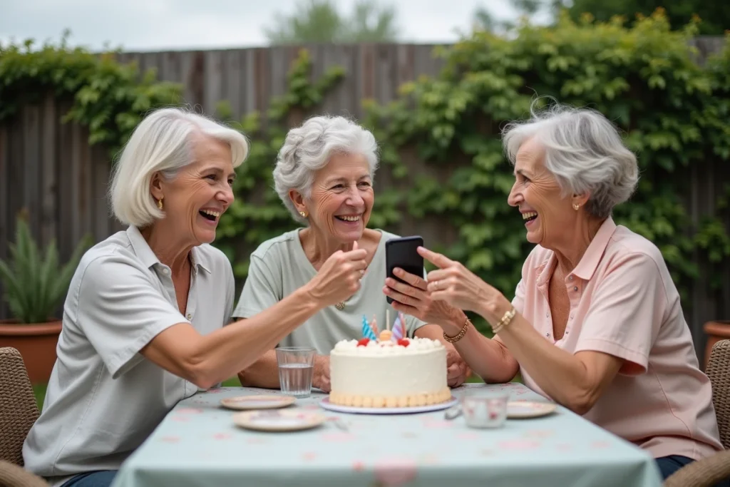 Trois amies d'âge mûr riant ensemble autour d'un gâteau d'anniversaire dans un jardin ensoleillé