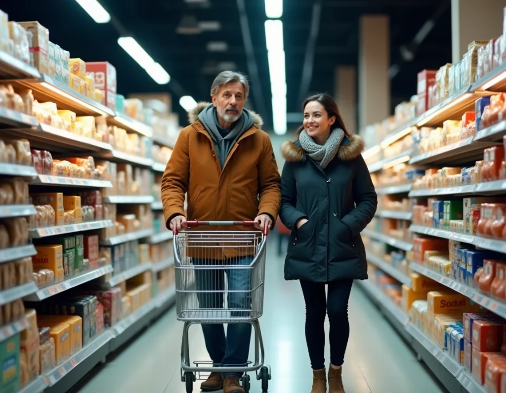 Clients faisant leurs courses dans un supermarché ouvert le jour du 1er janvier avec des rayons bien approvisionnés