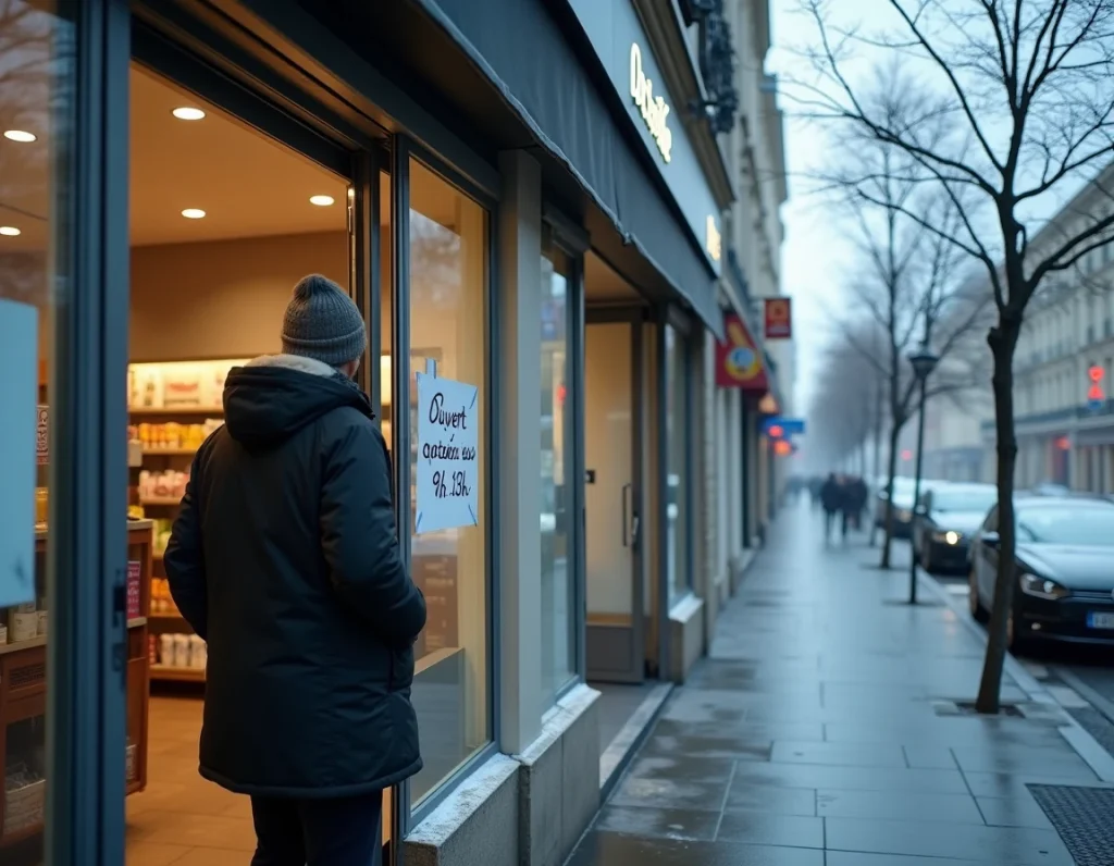 Devanture d'un magasin ouvert le 1er janvier avec horaires spéciaux affichés sur la vitrine