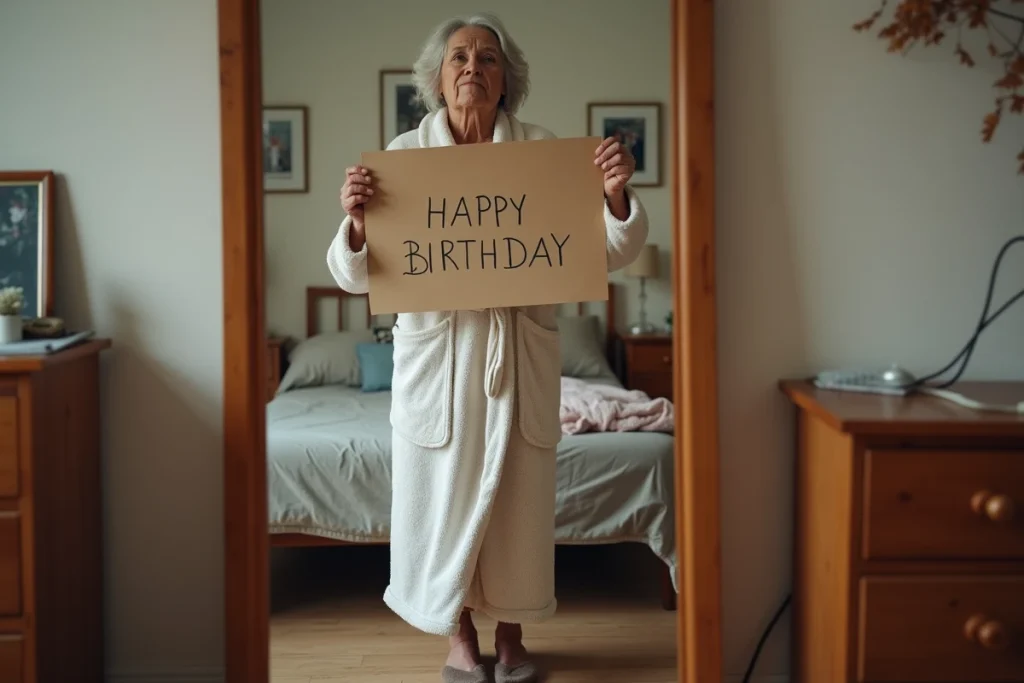 Femme d'une soixantaine d'années souriant devant un miroir avec une banderole d'anniversaire humoristique dans une chambre