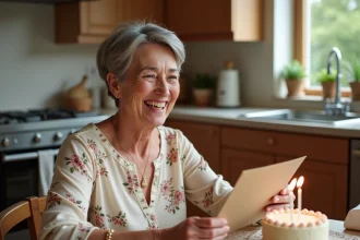 Femme d'une cinquantaine d'années riant en lisant une carte d'anniversaire humoristique dans une cuisine familiale chaleureuse