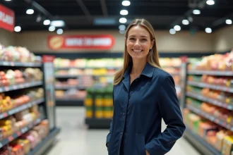 Employée de magasin en uniforme accueillant les clients à l'entrée d'un supermarché ouvert le 1er janvier