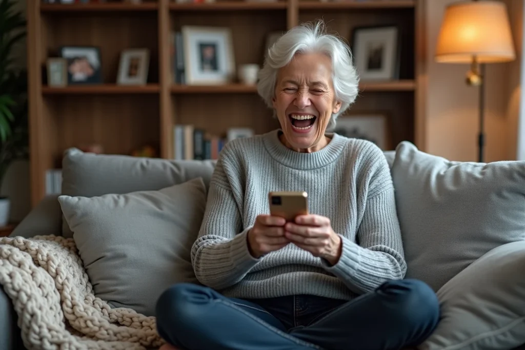 Maman souriante sur un canapé regardant un gif d'anniversaire humoristique sur son téléphone dans un salon cosy