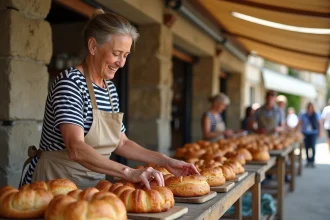 Vendeuse bretonne arrangeant des kouign-amann sur un étal de marché à Plouguerneau