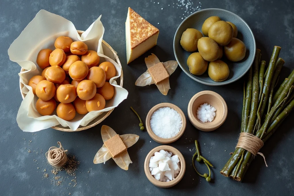 Spécialités bretonnes disposées sur une ardoise au marché de Plouguerneau : caramels au beurre salé, sel aux algues et far breton