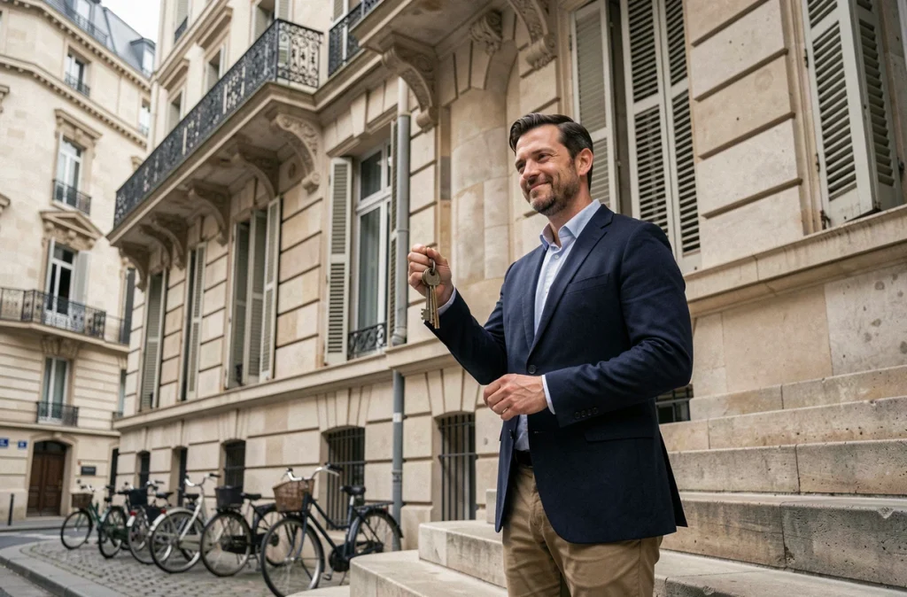Un homme tenant les clés d'un immeuble haussmannien acheté en viager à Paris