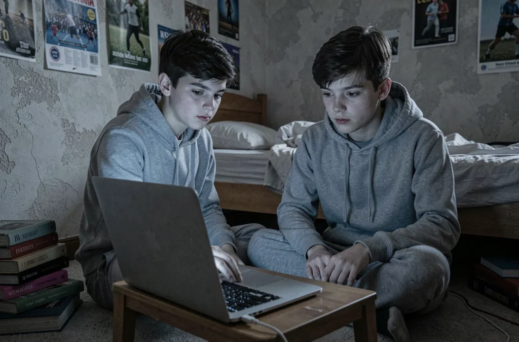Adolescent utilisant un ordinateur portable tard le soir dans sa chambre sombre, illustrant les effets néfastes des écrans sur le sommeil des jeunes