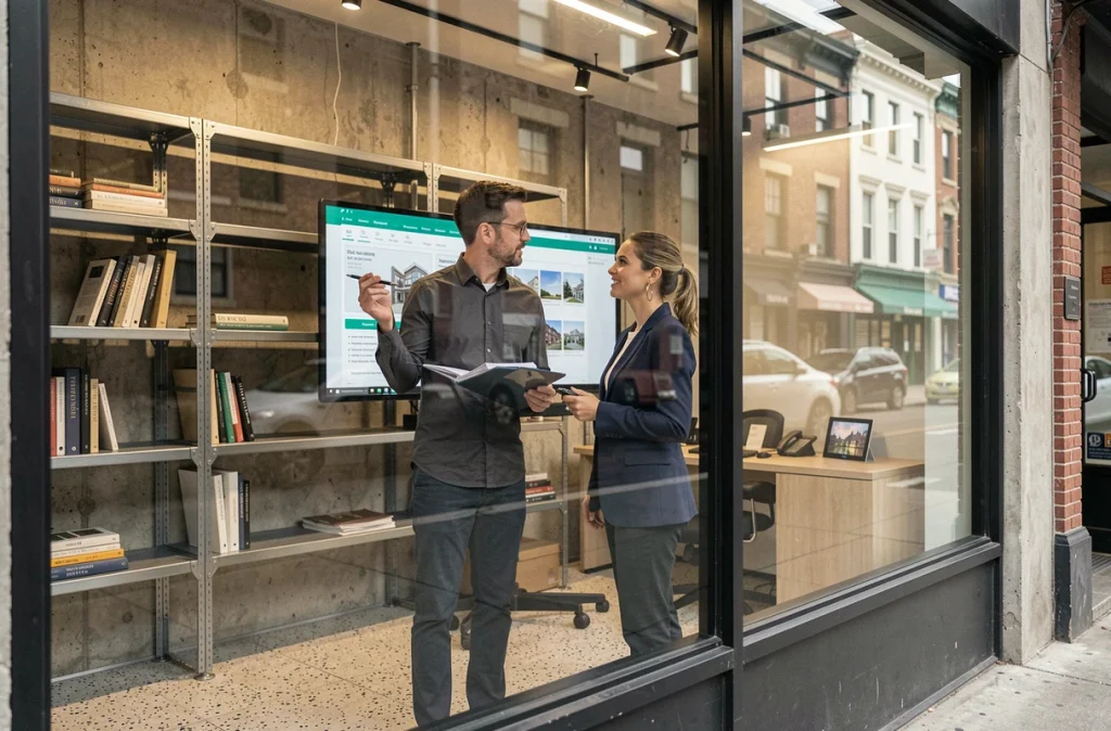 Agents immobiliers dans une agence moderne d'un quartier en gentrification consultant des annonces sur écran tactile