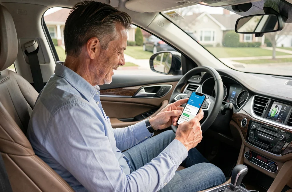 Homme consultant les alertes d'entretien de son véhicule sur une application mobile depuis l'habitacle de sa voiture