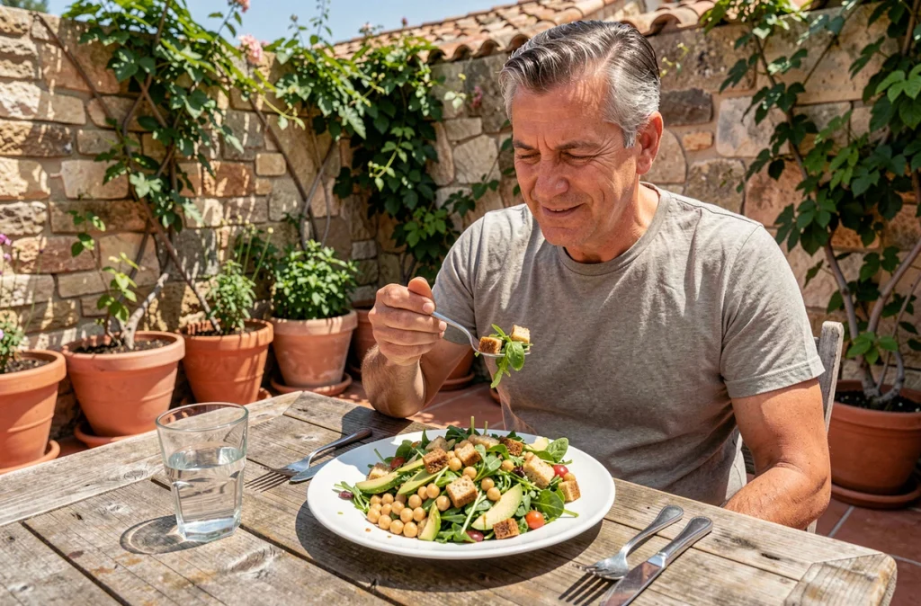 Homme dégustant une salade riche en fibres avec pois chiches et légumes verts sur une terrasse méditerranéenne en plein air