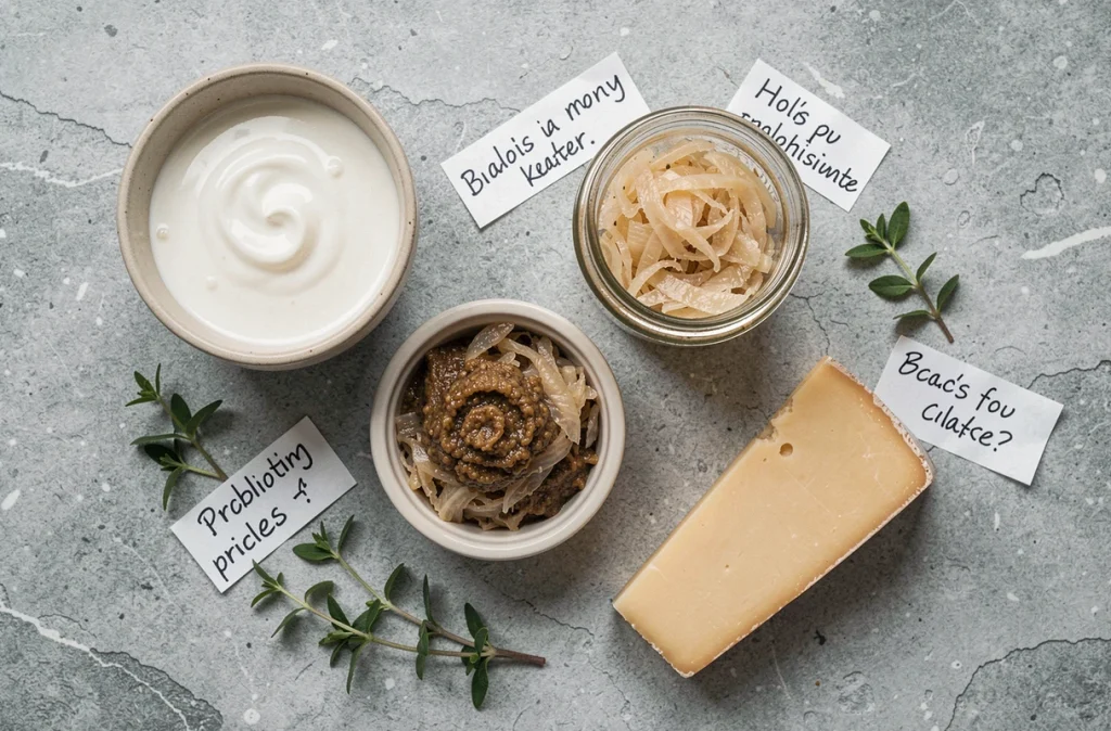 Vue aérienne d'aliments fermentés riches en probiotiques comme le kéfir, le miso et la choucroute sur une surface en pierre grise