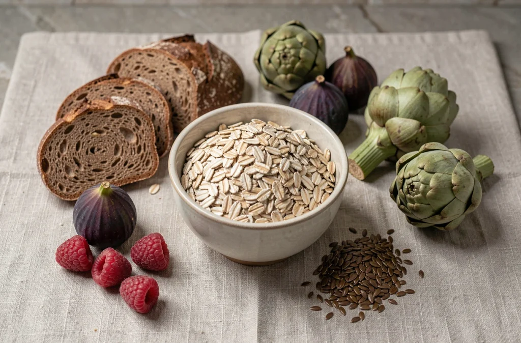 Composition de produits riches en fibres alimentaires incluant avoine, figues, framboises, pain complet et artichauts sur nappe en lin