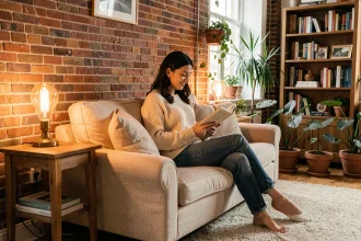 Femme lisant dans un salon chaleureux avec des lampes à ampoules Edison et une décoration intérieure cosy aux tons ambrés