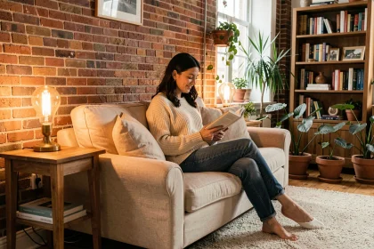 Femme lisant dans un salon chaleureux avec des lampes à ampoules Edison et une décoration intérieure cosy aux tons ambrés