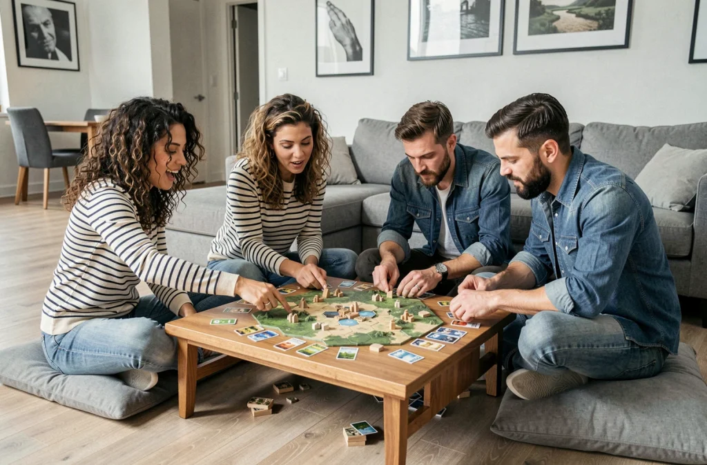 Groupe d'amis adultes concentrés sur une partie de Catan autour d'une table basse dans un appartement moderne