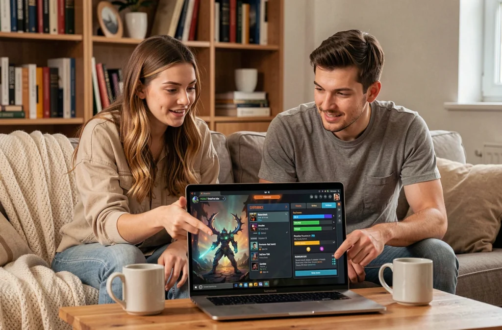 Deux joueurs adultes analysant ensemble la stagnation de l'XP Mineur dans Dofus 3 sur laptop