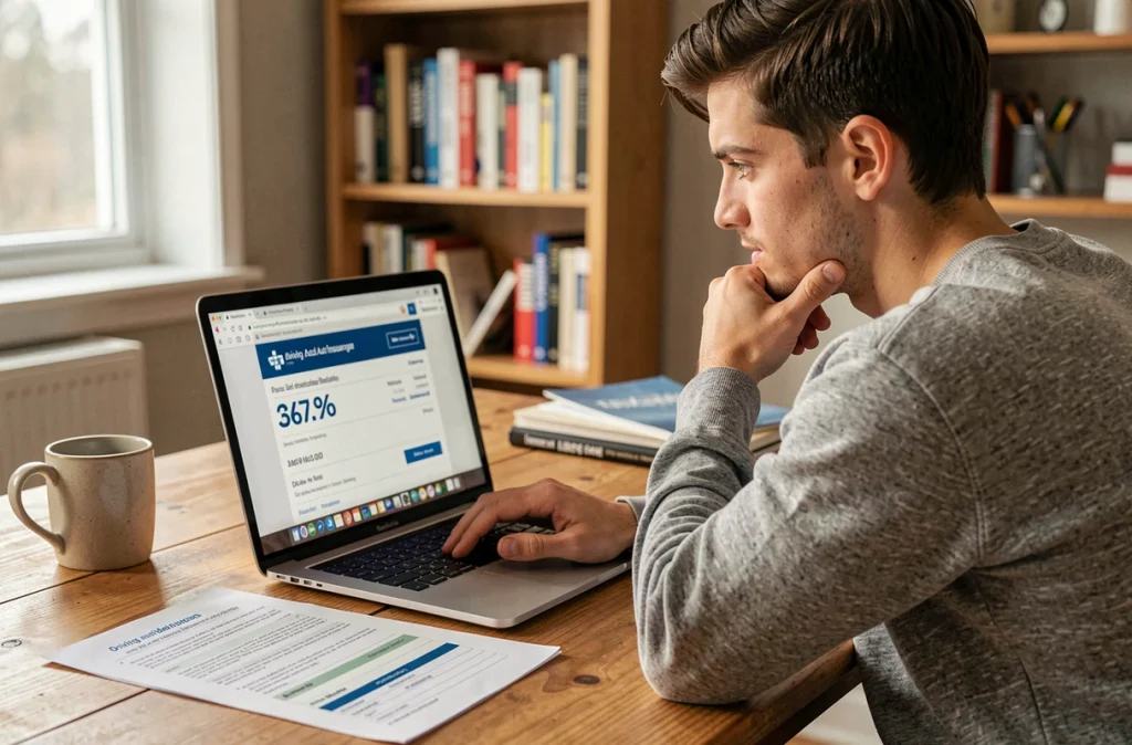 Jeune conducteur analysant son devis d'assurance auto connectée personnalisé sur ordinateur portable dans un bureau à domicile