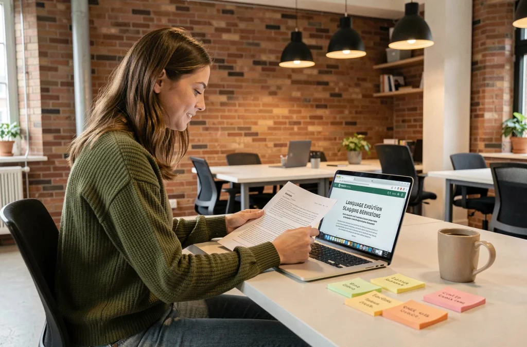 Jeune femme dans un espace de coworking analysant des articles sur les dérives modernes du mot portugais karaï