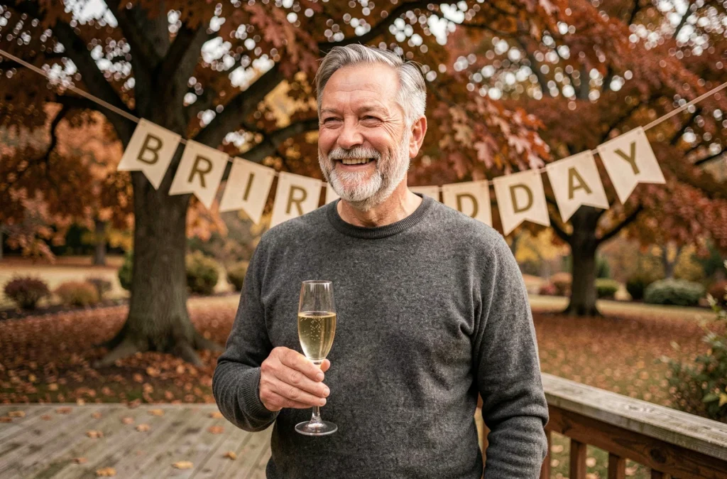 Homme élégant d'une soixantaine d'années tenant une flûte de champagne sur une terrasse décorée pour un anniversaire en automne