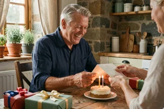 Papa souriant qui ouvre une carte d'anniversaire entouré de cadeaux et d'un gâteau sur une table en bois rustique
