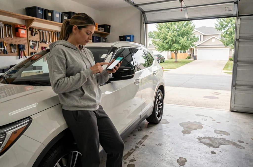 Femme consultant une application de planification d'entretien automobile dans un garage résidentiel
