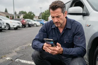 Homme utilisant une application mobile de diagnostic automobile accroupi près d'une voiture dans un parking