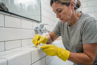 Femme appliquant du silicone blanc sur les joints d'une baignoire pour prévenir les moisissures dans la salle de bain
