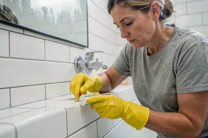 Femme appliquant du silicone blanc sur les joints d'une baignoire pour prévenir les moisissures dans la salle de bain