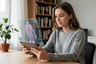 Jeune femme utilisant une tablette avec réalité augmentée pour apprendre l'anatomie à domicile