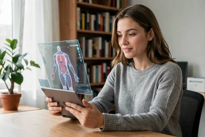 Jeune femme utilisant une tablette avec réalité augmentée pour apprendre l'anatomie à domicile