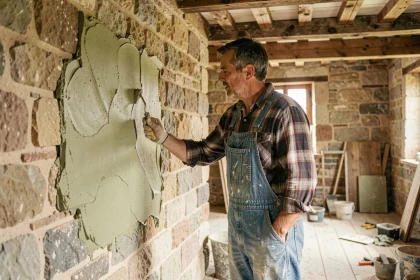 Artisan appliquant de l'enduit à la chaux sur un mur en pierre dans une ancienne maison en cours de rénovation patrimoniale