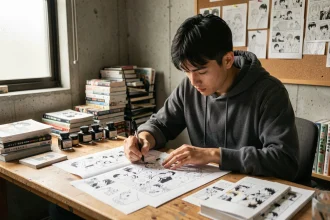 Artiste manga japonais dessinant des planches dans un studio de Tokyo, entouré de volumes et de références pour Tengoku Daimakyou saison 2