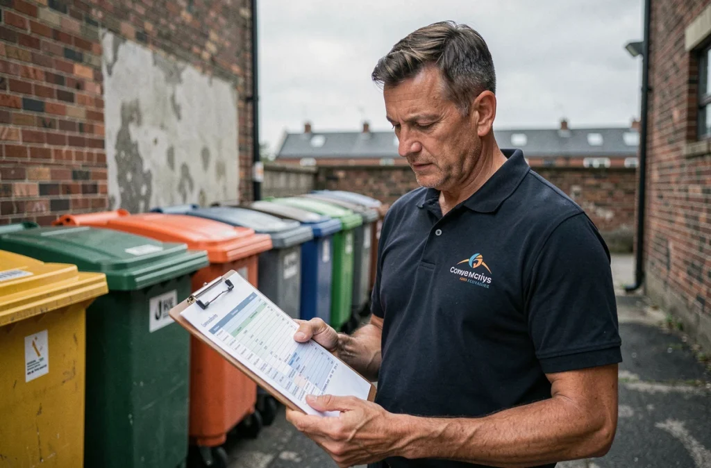Responsable logistique auditant les conteneurs de déchets dans la cour de service d'un immeuble de bureaux