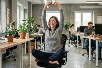 Employée d'une PME faisant une pause bien-être à son bureau dans un open space moderne et chaleureux