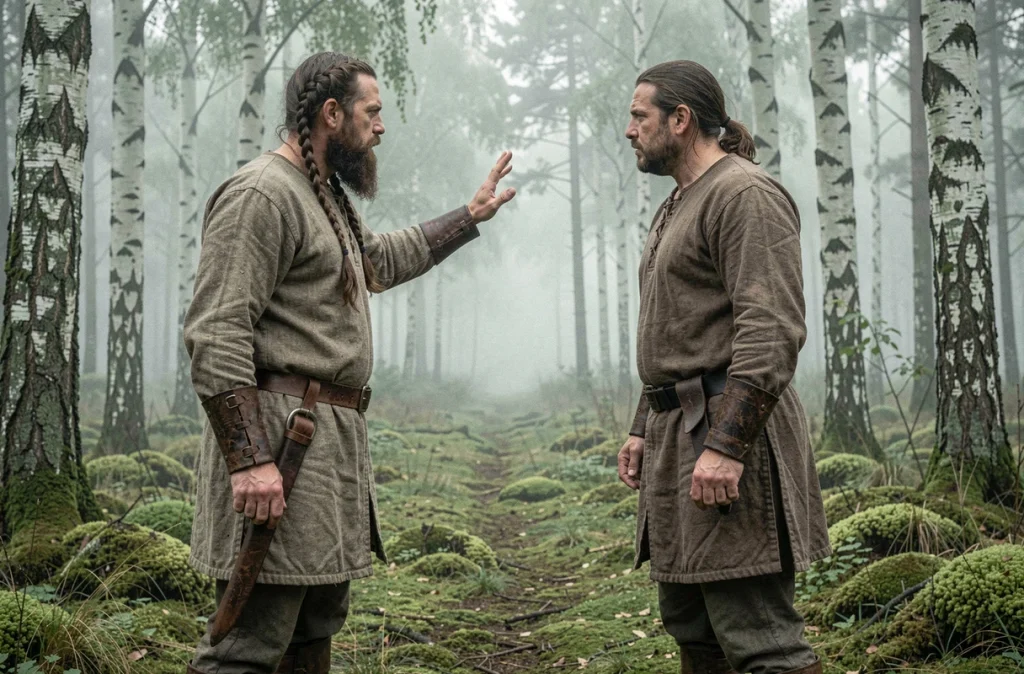 Deux hommes vikings en confrontation dans une clairière brumeuse en forêt, scène illustrant la tension entre pouvoir et honneur caractéristique de Bjorn roi