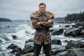 Guerrier viking nordique en armure de cuir sur une côte rocheuse, incarnant la dualité entre honneur et brutalité de Bjorn roi