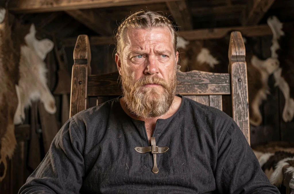 Portrait en trois quarts d'un chef viking assis sur un trône en bois dans une salle de longue maison, regard intense évoquant le caractère ambigu de Bjorn