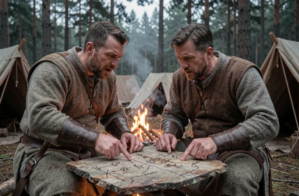 Deux guerriers vikings discutant d'une stratégie militaire autour d'un feu de camp dans une forêt nordique