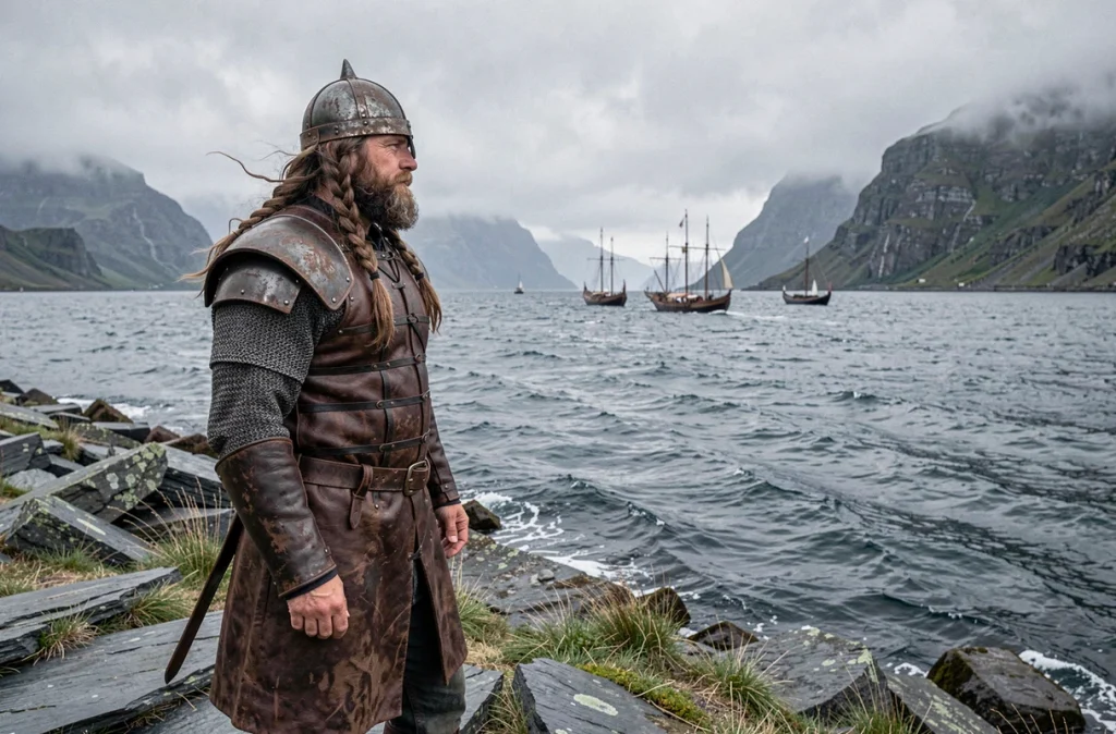 Stratège viking contemplant un fjord avec des drakkars au loin, posture de commandant militaire nordique