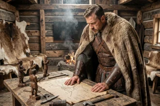 Guerrier viking en armure de cuir étudiant une carte de bataille tactique dans une maison longue nordique authentique