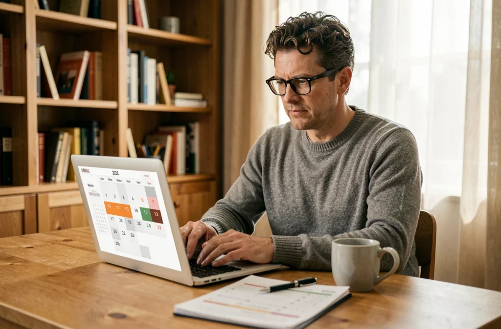 Homme en télétravail consultant un calendrier numérique 2026 affichant les numéros de semaines paires et impaires