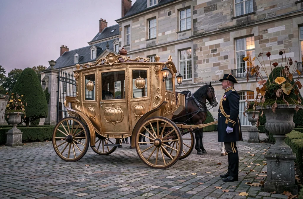Carrosse doré ornemental dans la cour d'un château français en pierre au crépuscule, évoquant le conte de Cendrillon