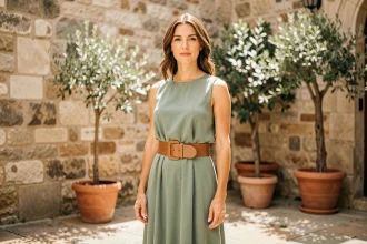 Femme portant une robe fluide vert sauge structurée par une large ceinture en cuir caramel dans une cour parisienne