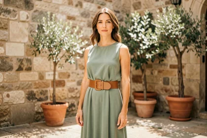 Femme portant une robe fluide vert sauge structurée par une large ceinture en cuir caramel dans une cour parisienne