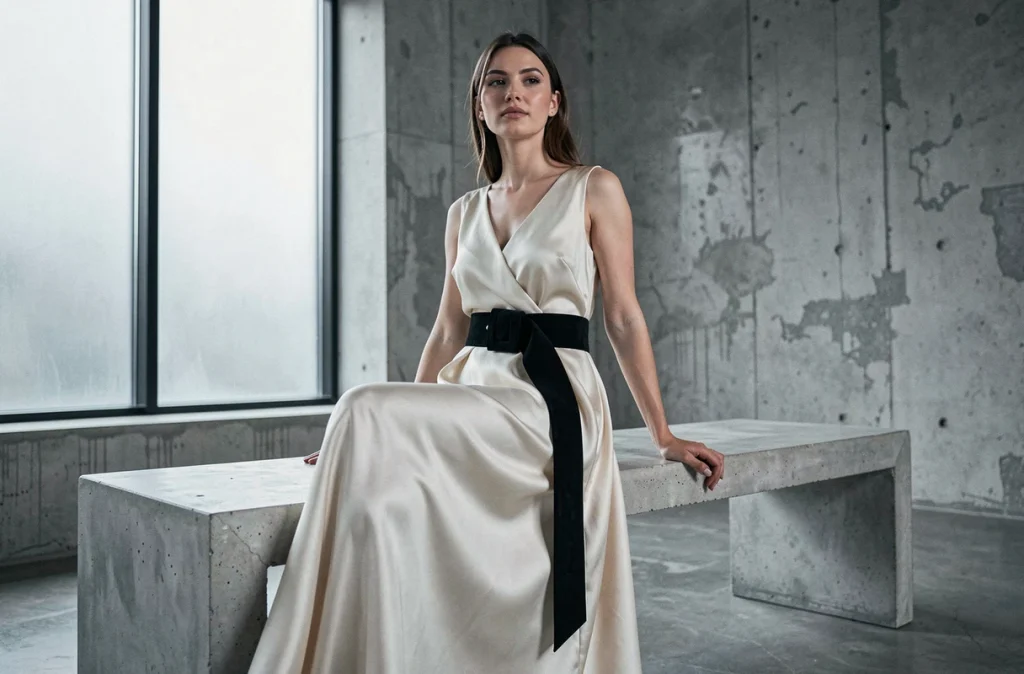 Robe ivoire en soie structurée par une ceinture large en daim noir portée dans un studio de mode minimaliste