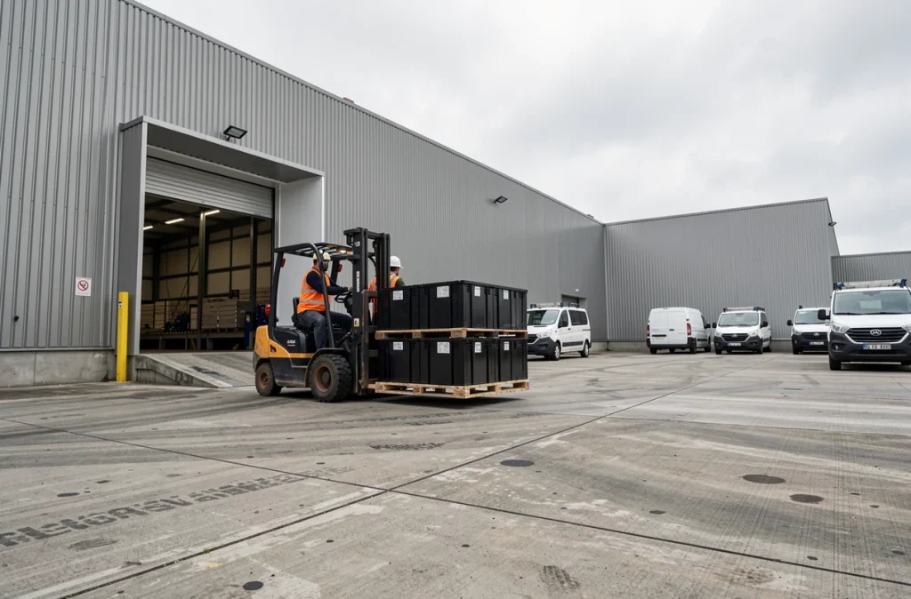 Vue extérieure d'un centre de recyclage de batteries de voitures électriques en France avec des ouvriers et un chariot élévateur