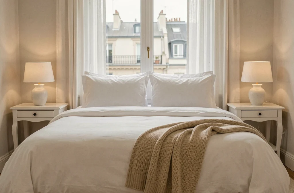 Chambre parentale aménagée en home staging avec literie blanche impeccable et ambiance épurée dans un appartement familial parisien