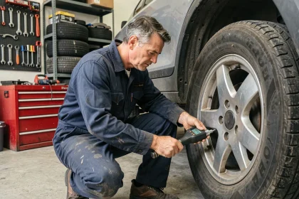 Homme changeant un pneu lui-même dans un garage résidentiel avec une clé dynamométrique numérique moderne