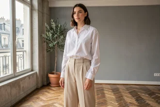 Femme portant une chemise blanche oversize moderne dans un appartement parisien minimaliste