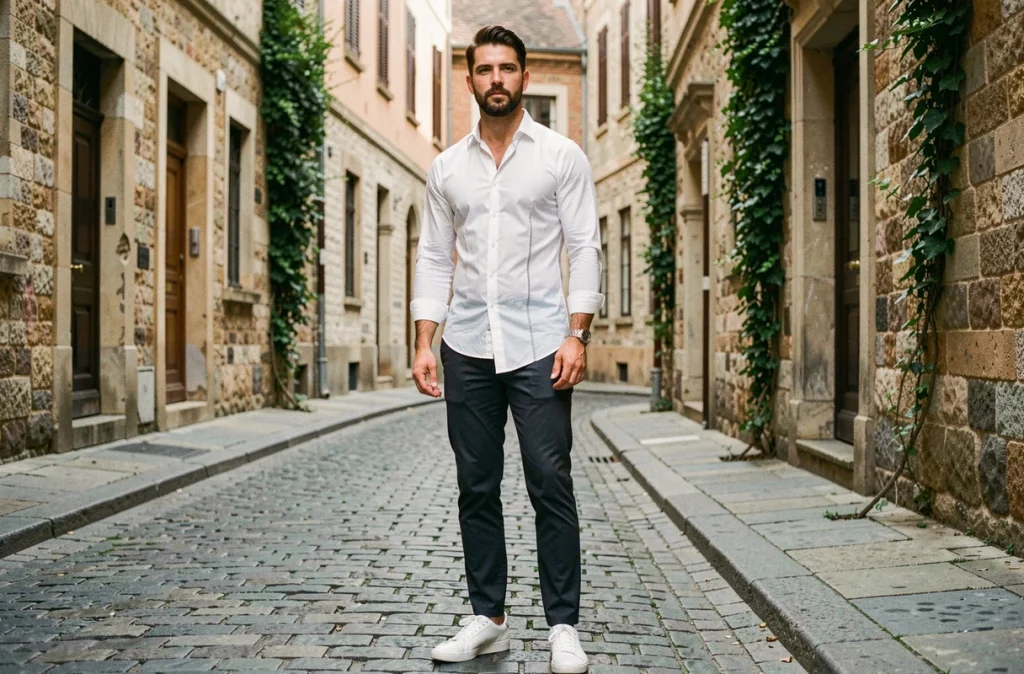 Homme en chemise blanche slim moderne dans une rue pavée européenne